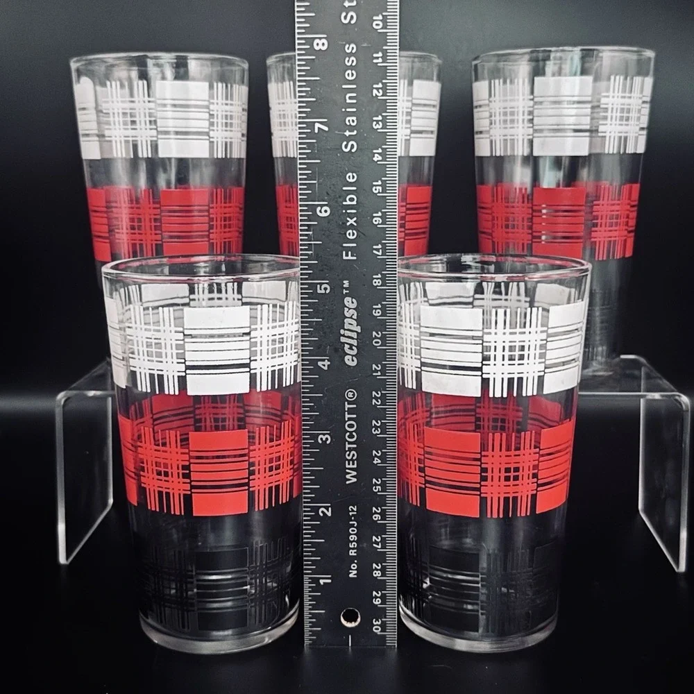 (5) Vintage Barware Hi-Ball Cocktail Glass Tumblers Black White & Red Plaid 5